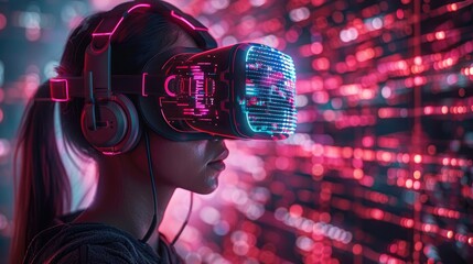 Wall Mural - Woman wearing VR headset immersed in virtual reality with vibrant digital data background, exploring futuristic technology.