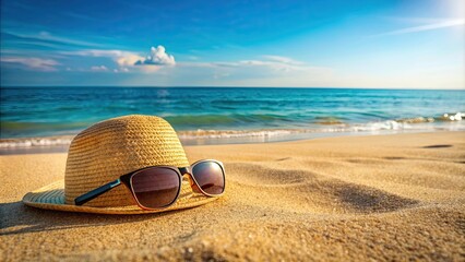 Sticker - Beautiful beach scene with sunglasses and hat on sandy shore, beach, sunglasses, hat, sunny, relaxation, vacation, tropical, paradise