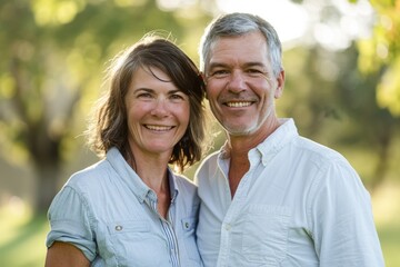 Wall Mural - Portrait of a happy couple in their 50s wearing a simple cotton shirt isolated on bright and cheerful park background