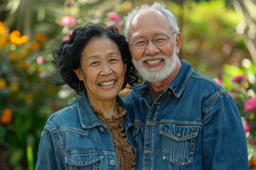 Wall Mural - Portrait of a smiling multiethnic couple in their 70s sporting a rugged denim jacket over bright and cheerful park background