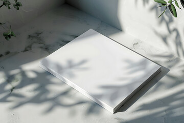 Wall Mural - White hardcover book in minimal space. With warm sunlight and summer leaves.  Booklet template for mockup. AI generated.