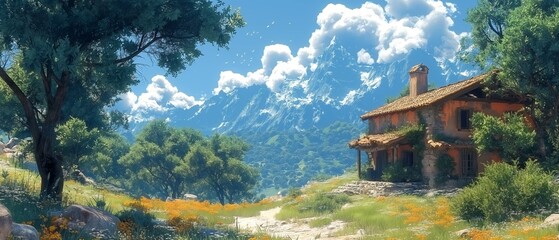 painting style illustration beautiful landscape,  small house in nature forest with mountain in sunny day 