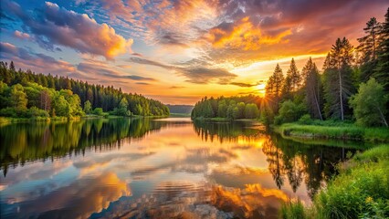 Canvas Print - Warm sunset over a tranquil lake surrounded by lush forest , summer, landscape, warm colors, sunset, lake, forest, nature