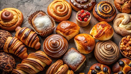 Wall Mural - Sweet buns background with assorted types of freshly baked buns and pastries, sweet, buns, background, bakery, pastries