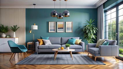 Poster - Modern living room with stylish decor and cool color scheme, modern, interior, room, living room, stylish