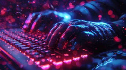 Futuristic hands typing on an illuminated keyboard with neon lights in a cyberpunk setting, emphasizing modern technology and digital innovation.