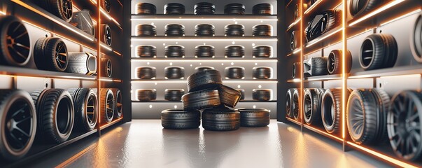 Wall Mural - a warehouse of wheels neatly arranged in lighted shelves