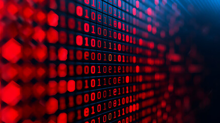 Close-up of binary code on a digital screen in red tones, representing data, technology, and programming concepts.