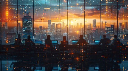 Wall Mural - A group of blockchain developers collaborating on a new decentralized application (dApp) in a modern office setting, emphasizing teamwork and innovation in blockchain technology.