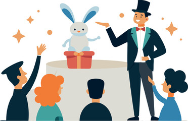 Magician performing a magic show with a rabbit emerging from a hat, entertaining an audience of children and adults.