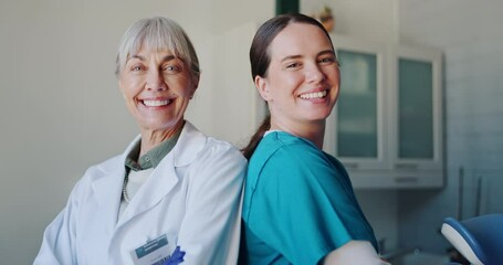 Poster - Woman, dentist and portrait of assistant in office, medical and mentor for dental care practice. Smile, healthcare and nurse for orthodontist and education, student person and job shadow in clinic