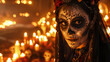 © Another Dimension - La Catrina as bride standing with lit candles on day of the dead