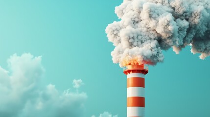 Industrial chimney releasing thick smoke against a clear blue sky, highlighting environmental pollution and climate change issues.