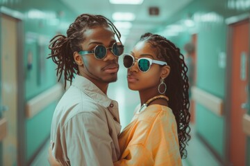 Sticker - Portrait of a content multicultural couple in their 20s wearing a trendy sunglasses over busy hospital hallway background