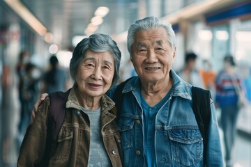 Wall Mural - Portrait of a blissful asian couple in their 70s sporting a rugged denim jacket while standing against busy hospital hallway background