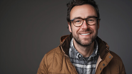 Wall Mural - Smiling Man in Glasses and Casual Outfit with Jacket and Plaid Shirt