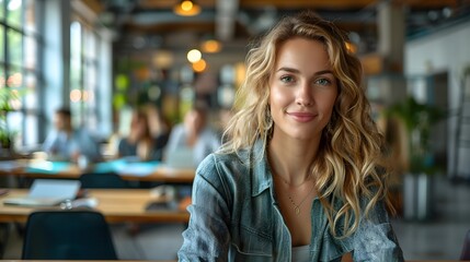 Wall Mural - A woman with long blonde hair is smiling at the camera in a restaurant