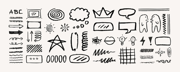 Wall Mural - set of freehand charcoal doodles, arrows, different signs and symbols, graphic design decorations. v