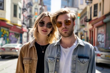 Wall Mural - Portrait of a content couple in their 20s wearing a trendy sunglasses over bustling city street background