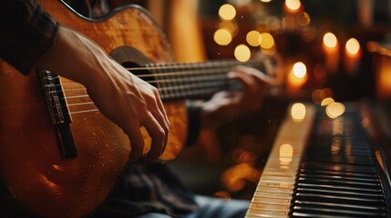 A musician playing an acoustic guitar alongside a piano with warm ambient lighting in a cozy room, creating a serene and intimate atmosphere.