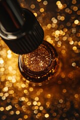 Wall Mural - A macro shot of specks of gold in a bottle of highlighter serum  AI generated illustration