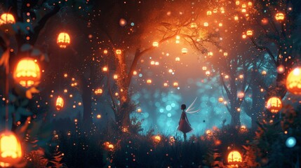 Wall Mural - A magical 3D   creation featuring a fairy in a lantern-lit forest AI generated illustration