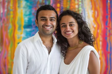 Wall Mural - Portrait of a joyful indian couple in their 20s wearing a classic white shirt in front of vibrant yoga studio background