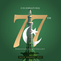 Wall Mural - Celebrating 77 year pakistan anniversary. Translate: Jashn e azadi urdu calligraphic. 3d rendering illustration.