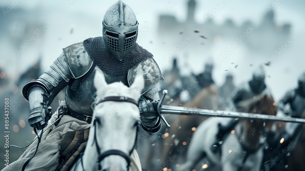 Knight Def Medieval knight in full armor on horseback during an intense battle ...