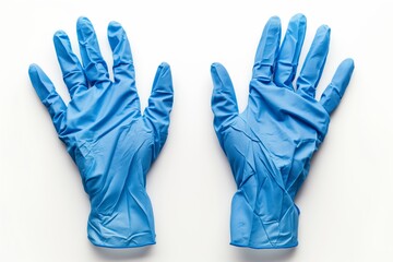 Wall Mural - Two blue latex gloves are shown, one on the left and one on the right. The gloves are worn by a person, but their hands are not visible. The gloves are blue and appear to be in good condition