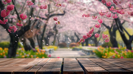 Sticker - Empty wooden table in Sakura flower Park with garden bokeh background with a country outdoor theme, Template mock up for display of product