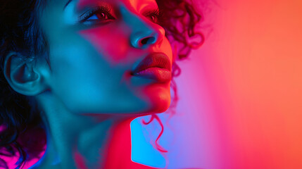 Closeup portrait of a carefree woman illuminated by bold neon fluorescent light, with dramatic composition and bright contrast, featuring ample copy text space 