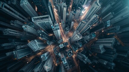 Futuristic cityscape with vertical architecture and glowing traffic lines.