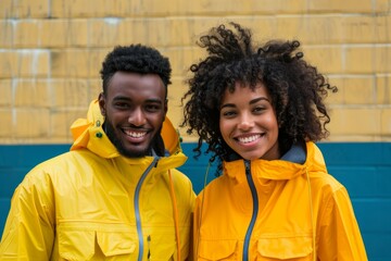 Wall Mural - Portrait of a joyful multiethnic couple in their 30s sporting a waterproof rain jacket isolated on minimalist or empty room background