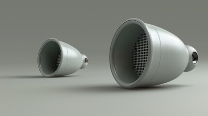 Two futuristic, metallic, bell-shaped objects on a grey background. One is tilted, the other is facing the camera.