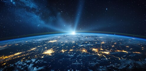 Wall Mural - illustration of the surface of the earth and the rays of sunlight with a background of outer space