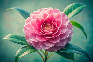 Poster - Delicate petals of a vibrant pink camellia flower unfold against a soft pale green backdrop, showcasing intricate textures and subtle color gradations in exquisite detail.