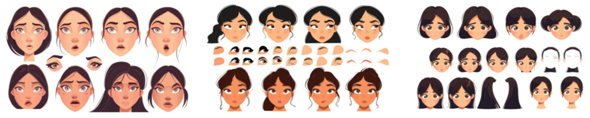 Wall Mural - The image consists of a set of Asian girl face constructors isolated on white. A cartoon image of a young woman's hairstyle, eyes, lips, brows and noses. An avatar, character or a game character