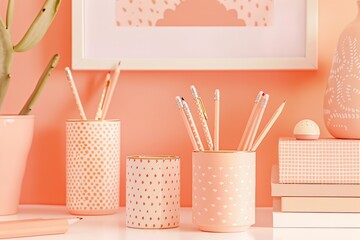 Peach color wall and home office desk with supplies, pencils, pens, boxes, plant pot. Creative stylish minimal workspace. Contemporary flat white work tabletop for product display montage. Blank space