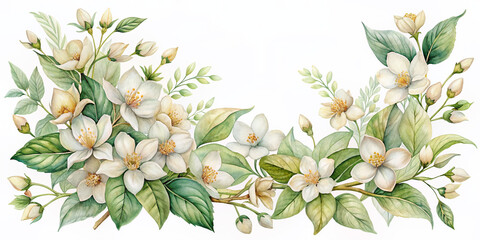 Poster - Delicate watercolor painting of jasmine flowers in soft hues, adorned with intricate botanical corner border design, evoking a sense of elegance and refinement.