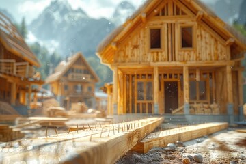 Carpenters framing a house with wooden beams and nails.