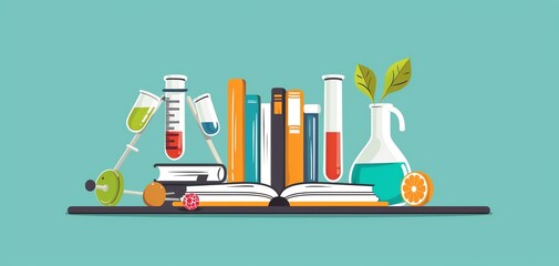 modern science book illustration with laboratory glassware including test tubes and beakers, perfect