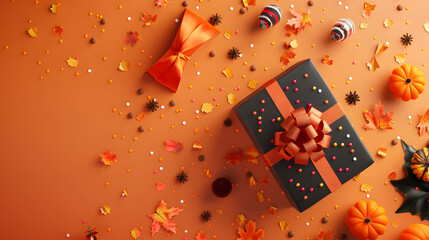 spooky 3d halloween setup with pumpkin, bat, autumn leaves, and prize on orange background