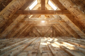 Carpenters framing a house with wooden beams and nails.