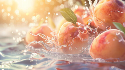 Wall Mural - Fresh peaches splashing in water, capturing their juicy and vibrant nature under a warm sunlight, signifying summer and freshness.