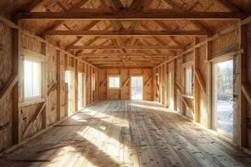 Carpenters framing a house with wooden beams and nails.