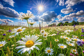 Sticker - Vibrant green meadow flourishes with blooming daisies, chamomile, and wildflowers under a brilliant sunny sky with fluffy white clouds on a fresh summer day.