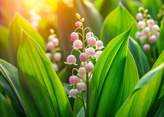 Poster - Delicate pink and green lily of the valley flowers bloom amidst lush foliage, creating a serene and peaceful high-definition wallpaper background.