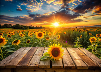 Wall Mural - Warm golden light illuminates a rustic wooden table top set against a vibrant sunlit field of wildflowers and towering sunflowers under a breathtaking sunset sky.