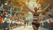 © VK Studio - A runner ecstatically crosses the finish line during a marathon, arms wide in joy as the cityscape glows in the background, embodying triumph and exhilaration.